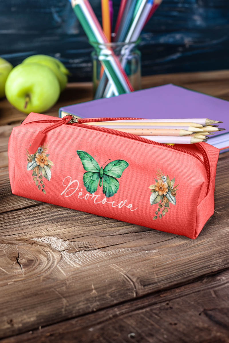 Σχολική Κασετίνα με Όνομα, σε Κοραλί Χρώμα & Σχέδιο Ανθοί