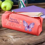 Σχολική Κασετίνα με Όνομα, σε Κοραλί Χρώμα & Σχέδιο Butterfly