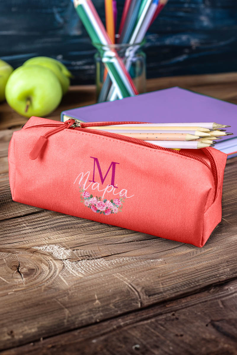 Σχολική Κασετίνα με Όνομα, σε Κοραλί Χρώμα & Σχέδιο Roses