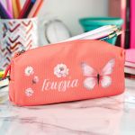 Σχολική Κασετίνα με Όνομα, σε Κοραλί Χρώμα & Σχέδιο Πεταλούδα