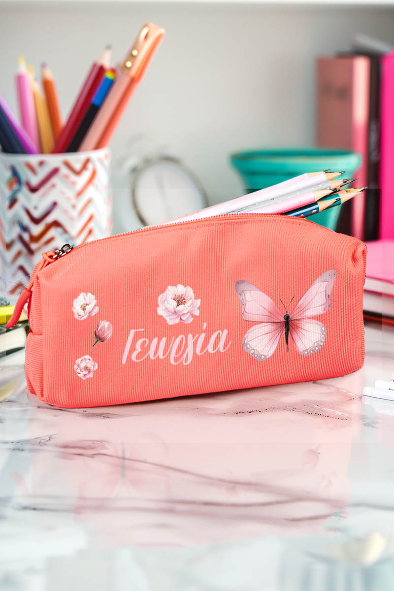 Σχολική Κασετίνα με Όνομα, σε Κοραλί Χρώμα & Σχέδιο Πεταλούδα