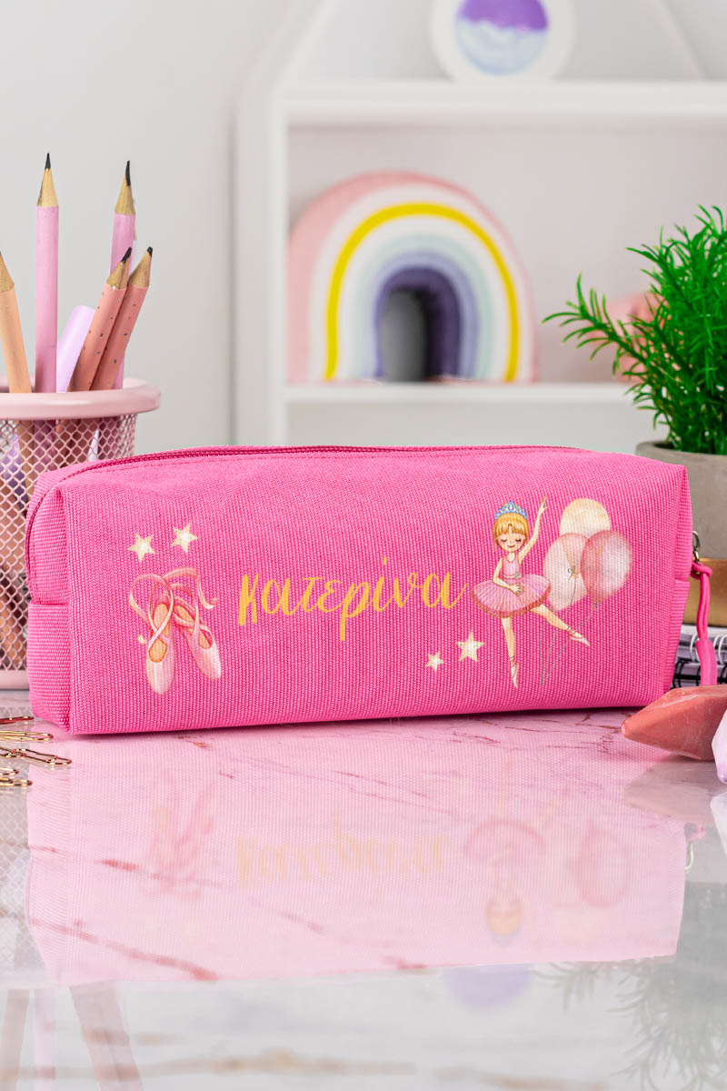 Σχολική Κασετίνα με Όνομα, σε Φούξια Χρώμα & Σχέδιο Μπαλαρίνα