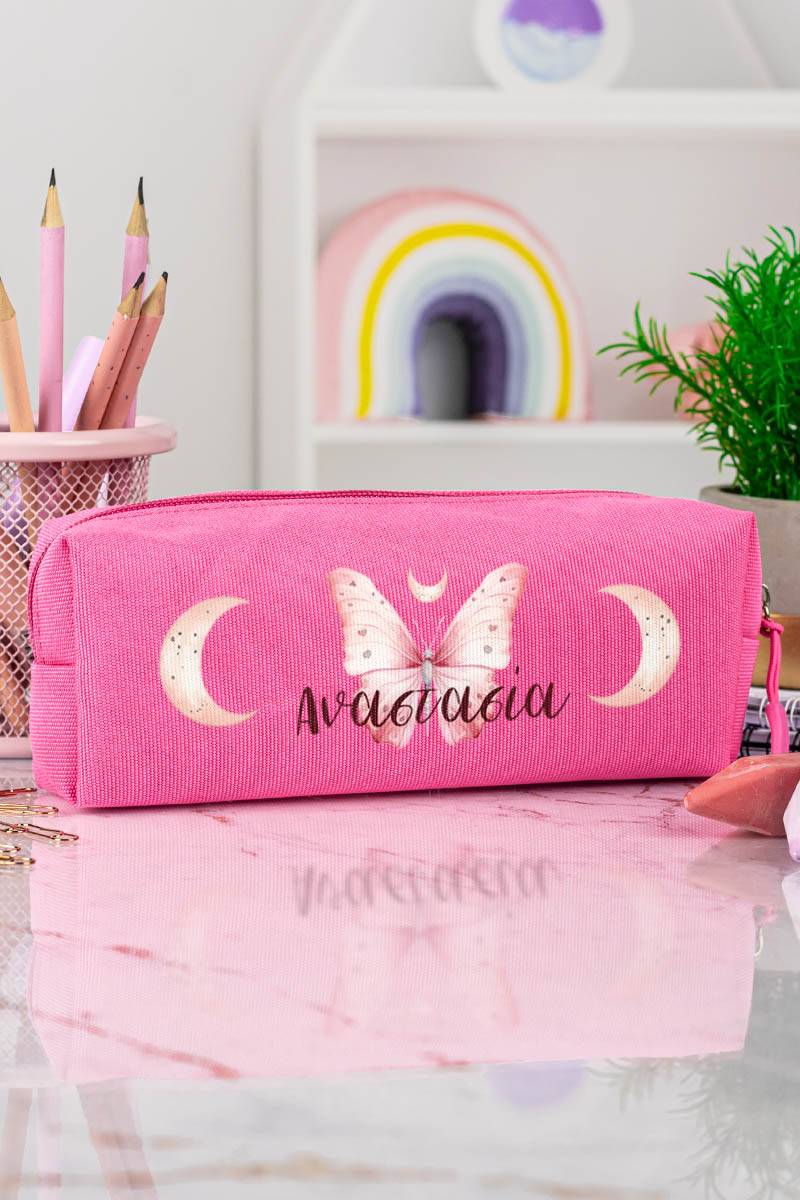 Σχολική Κασετίνα με Όνομα, σε Φούξια Χρώμα & Σχέδιο Φεγγάρια