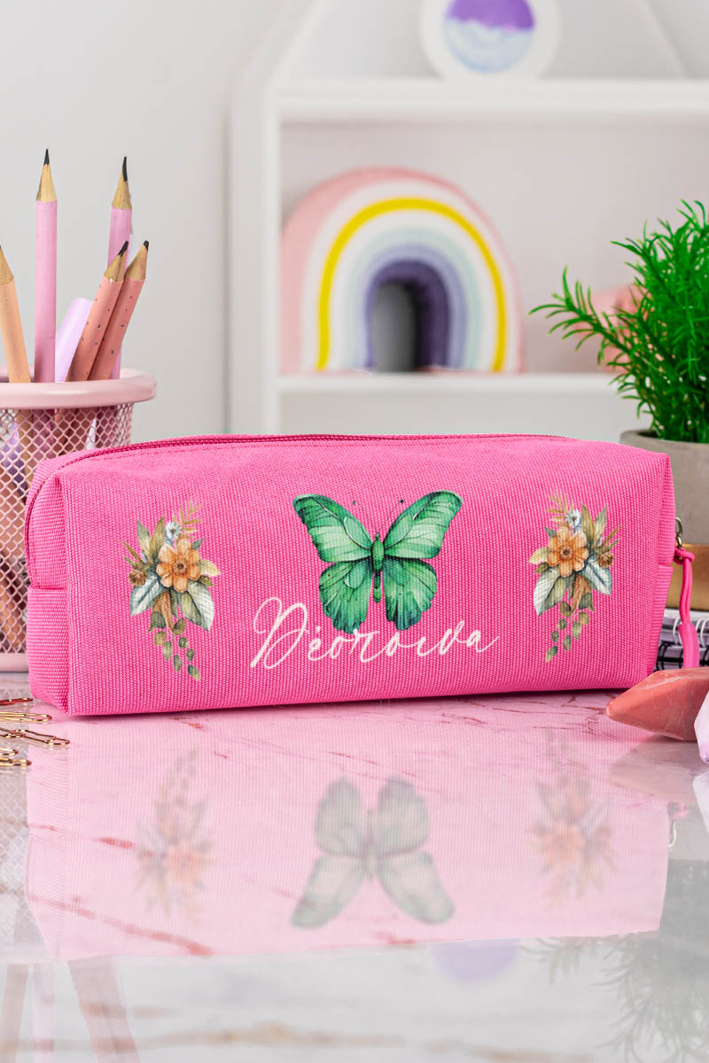 Σχολική Κασετίνα με Όνομα, σε Φούξια Χρώμα & Σχέδιο Ανθοί