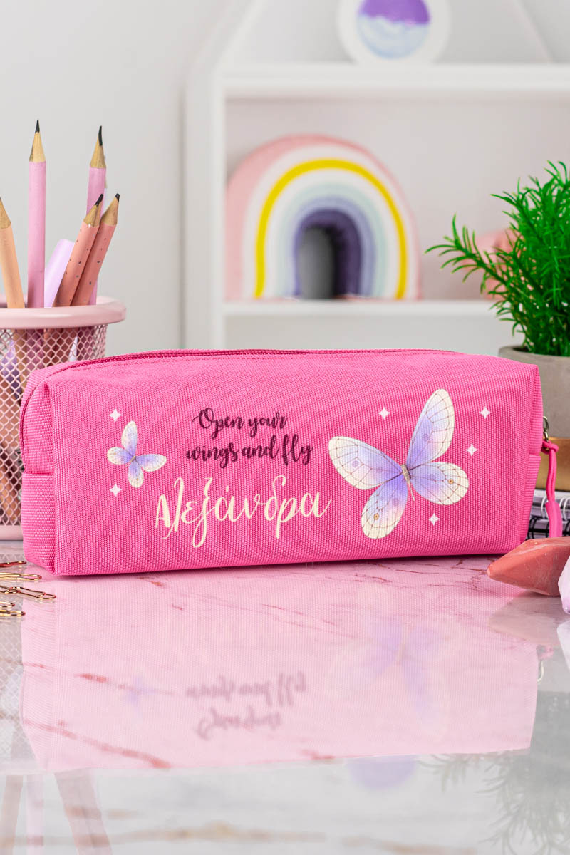 Σχολική Κασετίνα με Όνομα, σε Φούξια Χρώμα & Σχέδιο Πεταλούδες