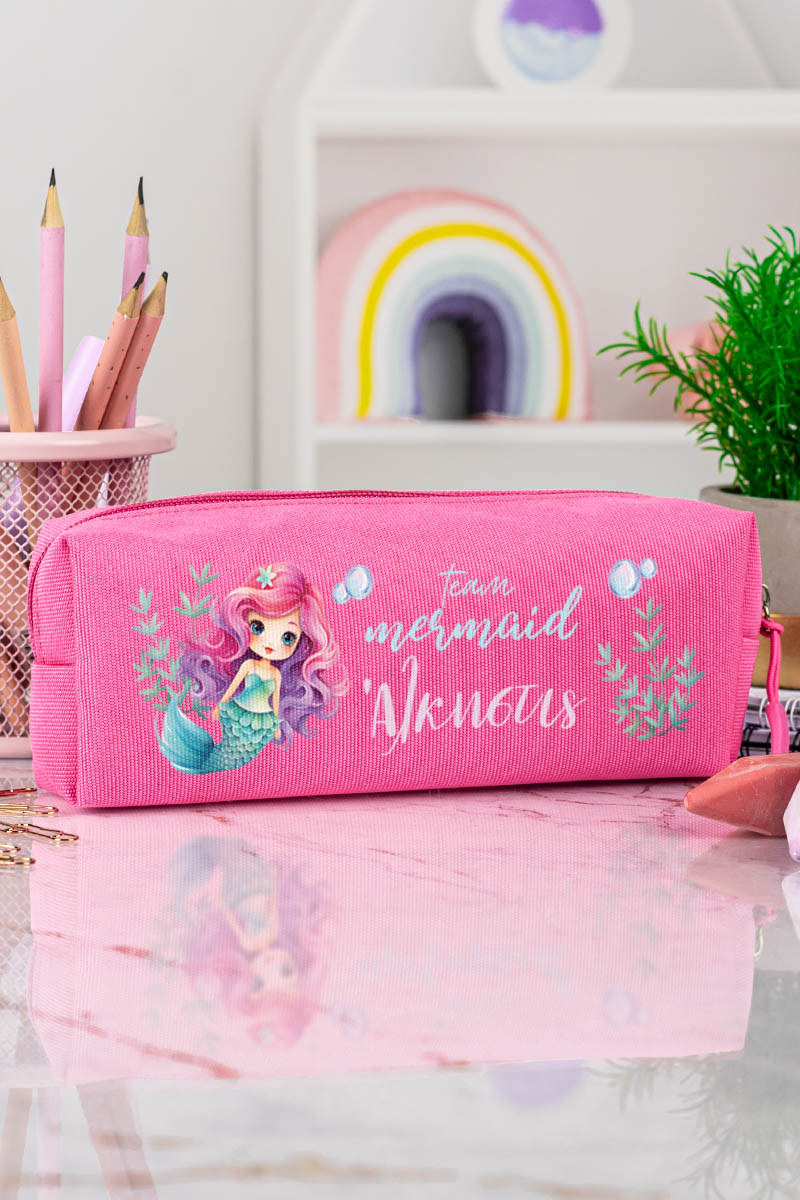 Σχολική Κασετίνα με Όνομα, σε Φούξια Χρώμα & Σχέδιο Άριελ