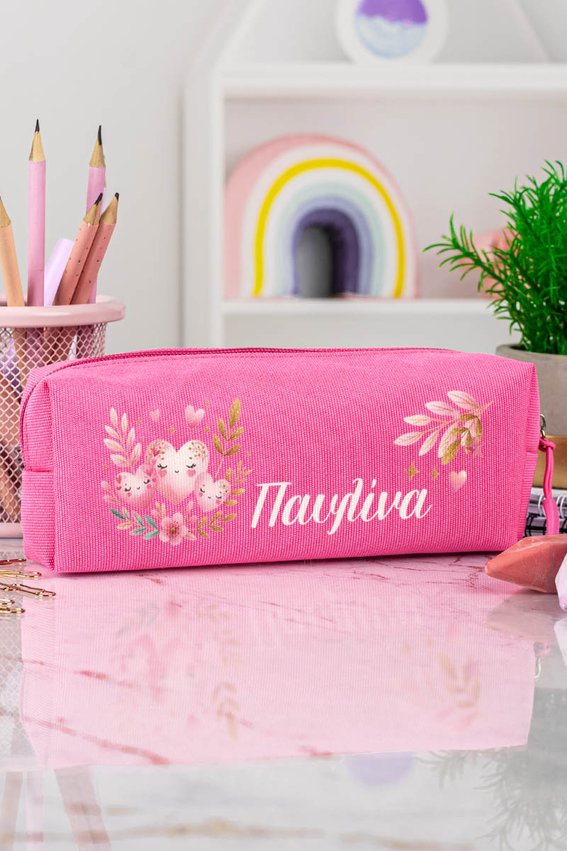 Σχολική Κασετίνα με Όνομα, σε Φούξια Χρώμα & Σχέδιο Καρδίες