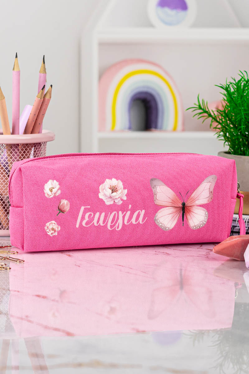 Σχολική Κασετίνα με Όνομα, σε Φούξια Χρώμα & Σχέδιο Πεταλούδα