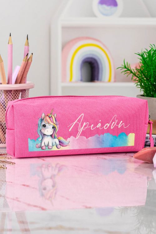 Σχολική Κασετίνα με Όνομα, σε Φούξια Χρώμα & Unicorn