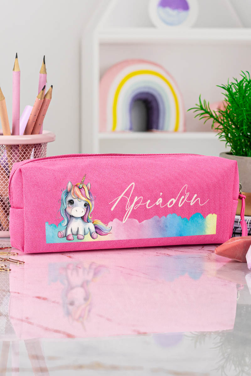Σχολική Κασετίνα με Όνομα, σε Φούξια Χρώμα & Unicorn
