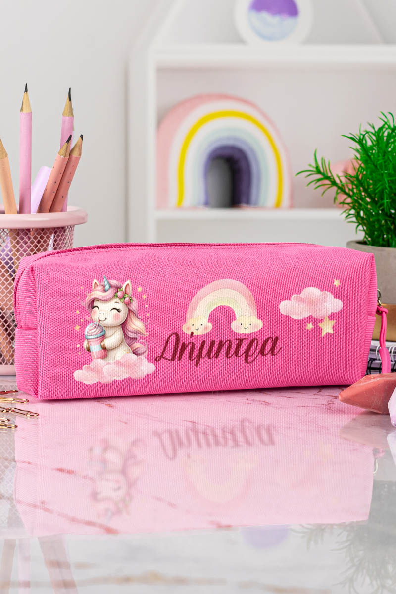 Σχολική Κασετίνα με Όνομα, σε Φούξια Χρώμα & Σχέδιο Milkshake