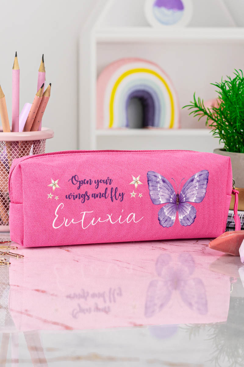 Σχολική Κασετίνα με Όνομα, σε Φούξια Χρώμα & Butterfly