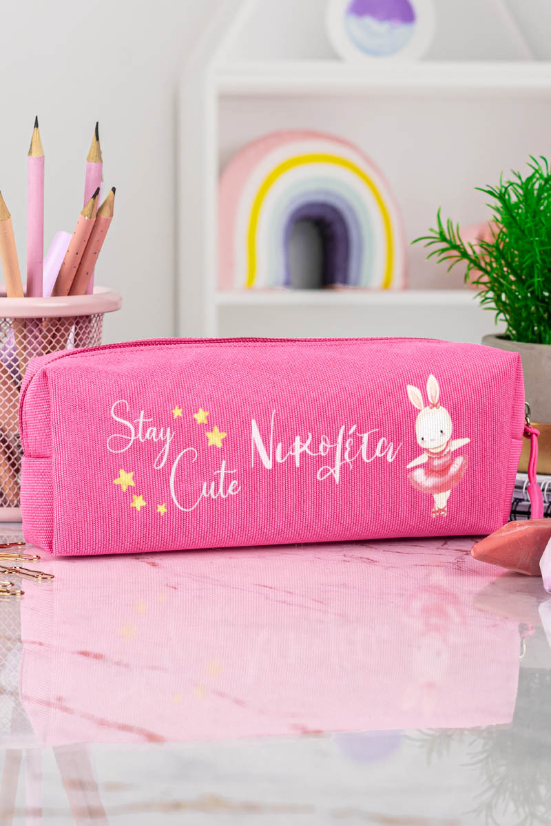 Σχολική Κασετίνα με Όνομα, σε Φούξια Χρώμα & Σχέδιο Κουνελάκι