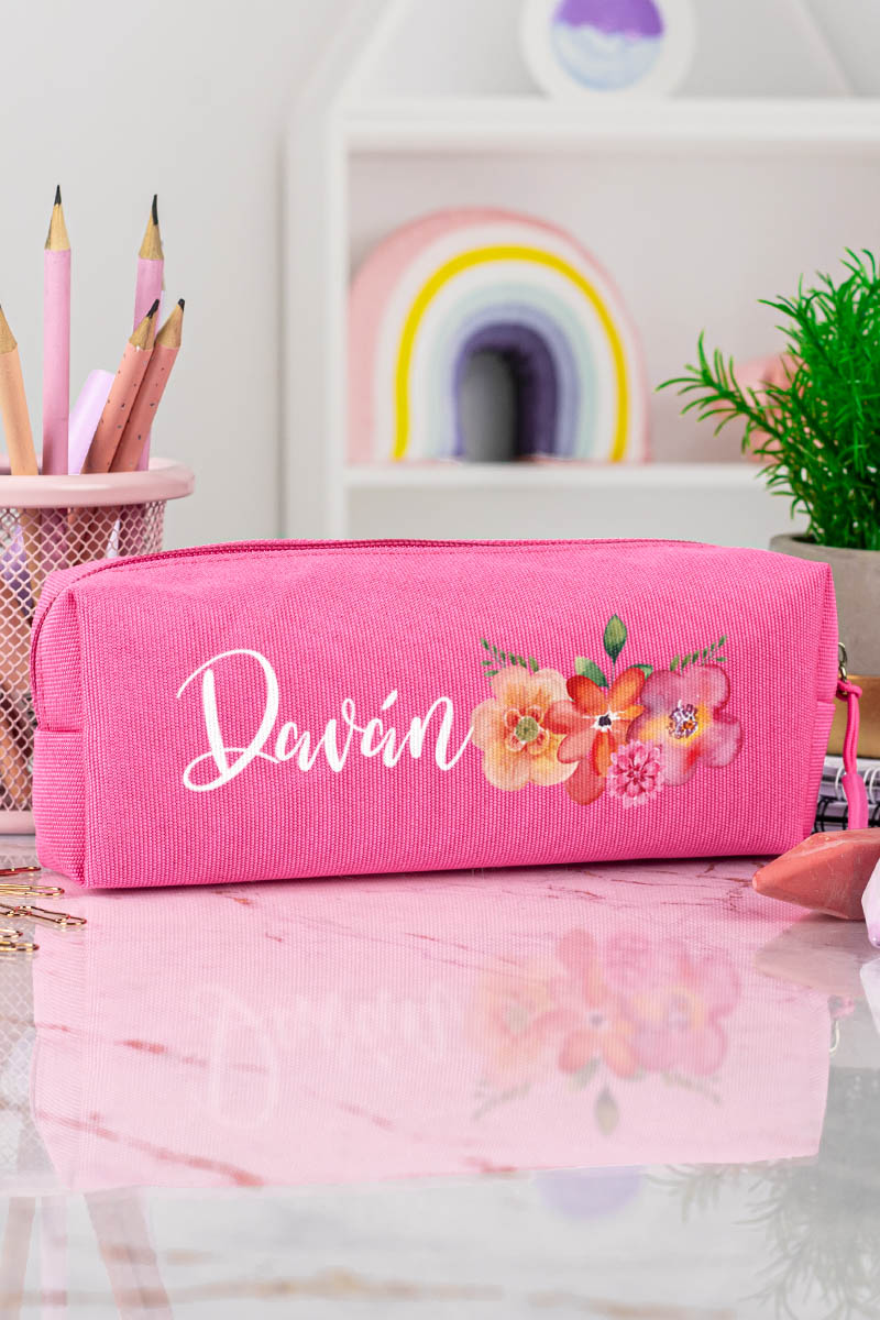 Σχολική Κασετίνα με Όνομα, σε Φούξια Χρώμα & Blossom
