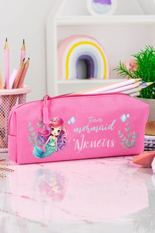 Σχολική Κασετίνα με Όνομα, σε Φούξια Χρώμα & Σχέδιο Άριελ