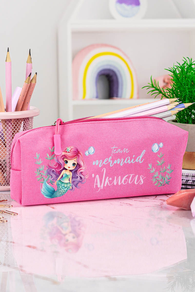 Σχολική Κασετίνα με Όνομα, σε Φούξια Χρώμα & Σχέδιο Άριελ