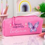 Σχολική Κασετίνα με Όνομα, σε Φούξια Χρώμα & Butterfly