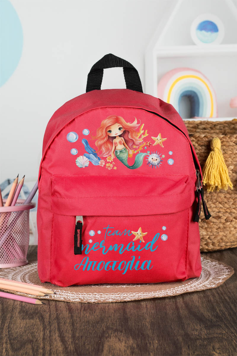 Σχολική Τσάντα Πλάτης Νηπιαγωγείου σε Κόκκινο Χρώμα, Γοργόνα