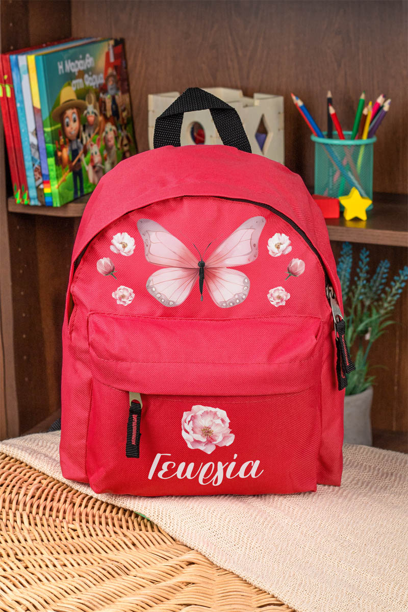 Σχολική Τσάντα Πλάτης Νηπιαγωγείου σε Κόκκινο Χρώμα, Flowers