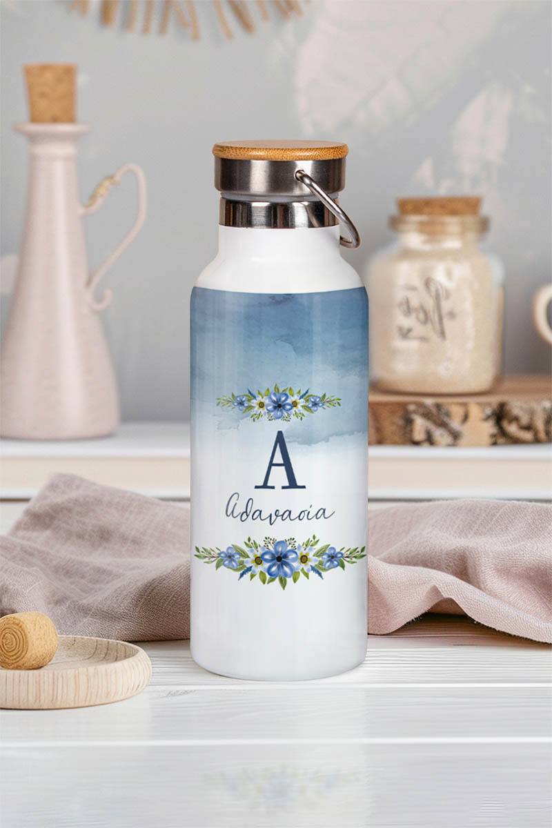 Μπουκάλι Θερμός, Ανοξείδωτo με Προσωποποίηση, Blossom Blue